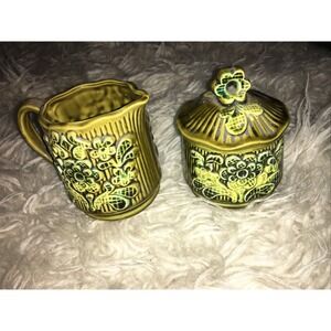 Vintage Tilso sugar creamer set, Japan ceramics, avocado green‎ gold